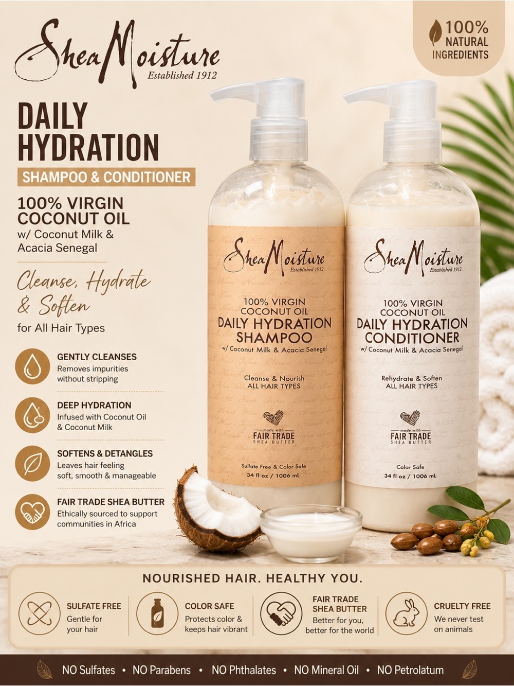 Shea Moisture 100% Virgin Coconut Oil Daily Hydration conditioner & Shampoo -